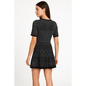 Eci New York Black And Gray Short Sleeve Patterned A‎ Line Dress Small